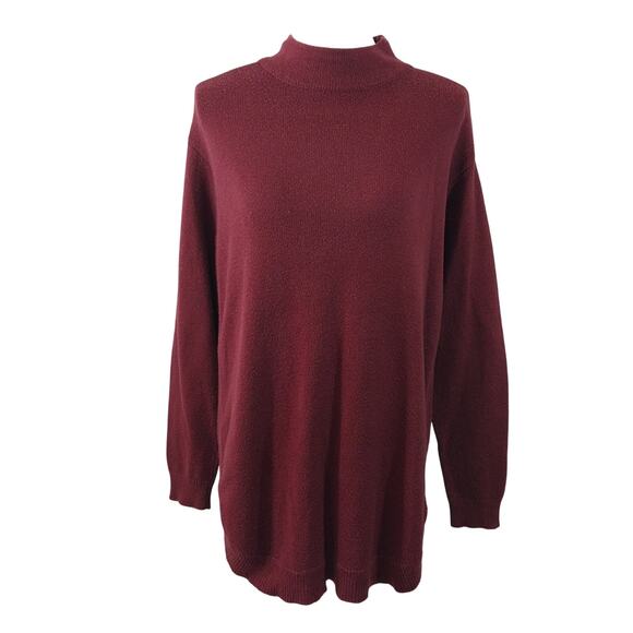 CHICO'S! RICH BURGUNDY RED COTTON BLEND MOCK NECK TUNIC LENGTH SWEATER! SZ M - Picture 2 of 9